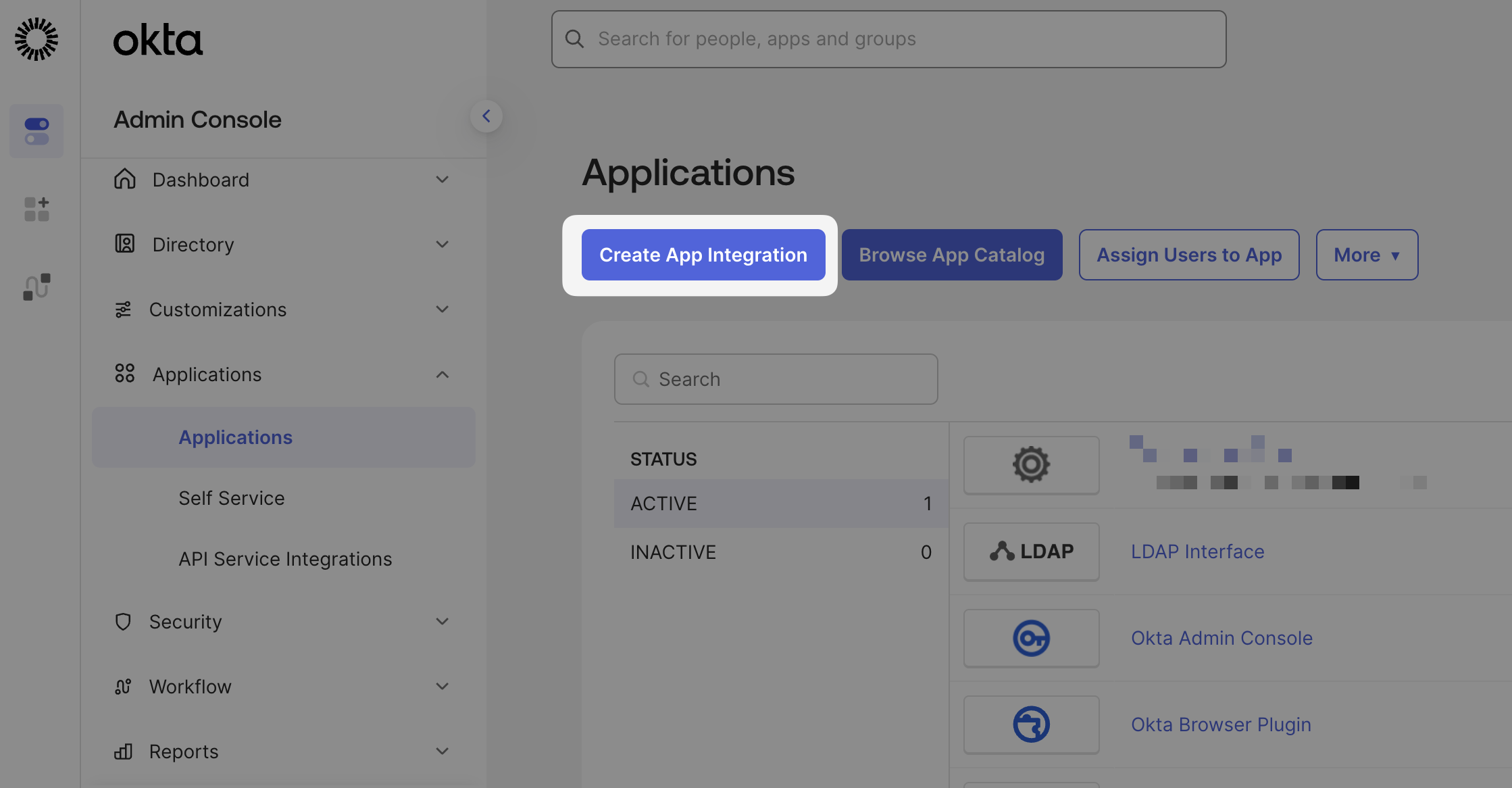 A screenshot indicating the visual position of the 'Create App Integration' button.
