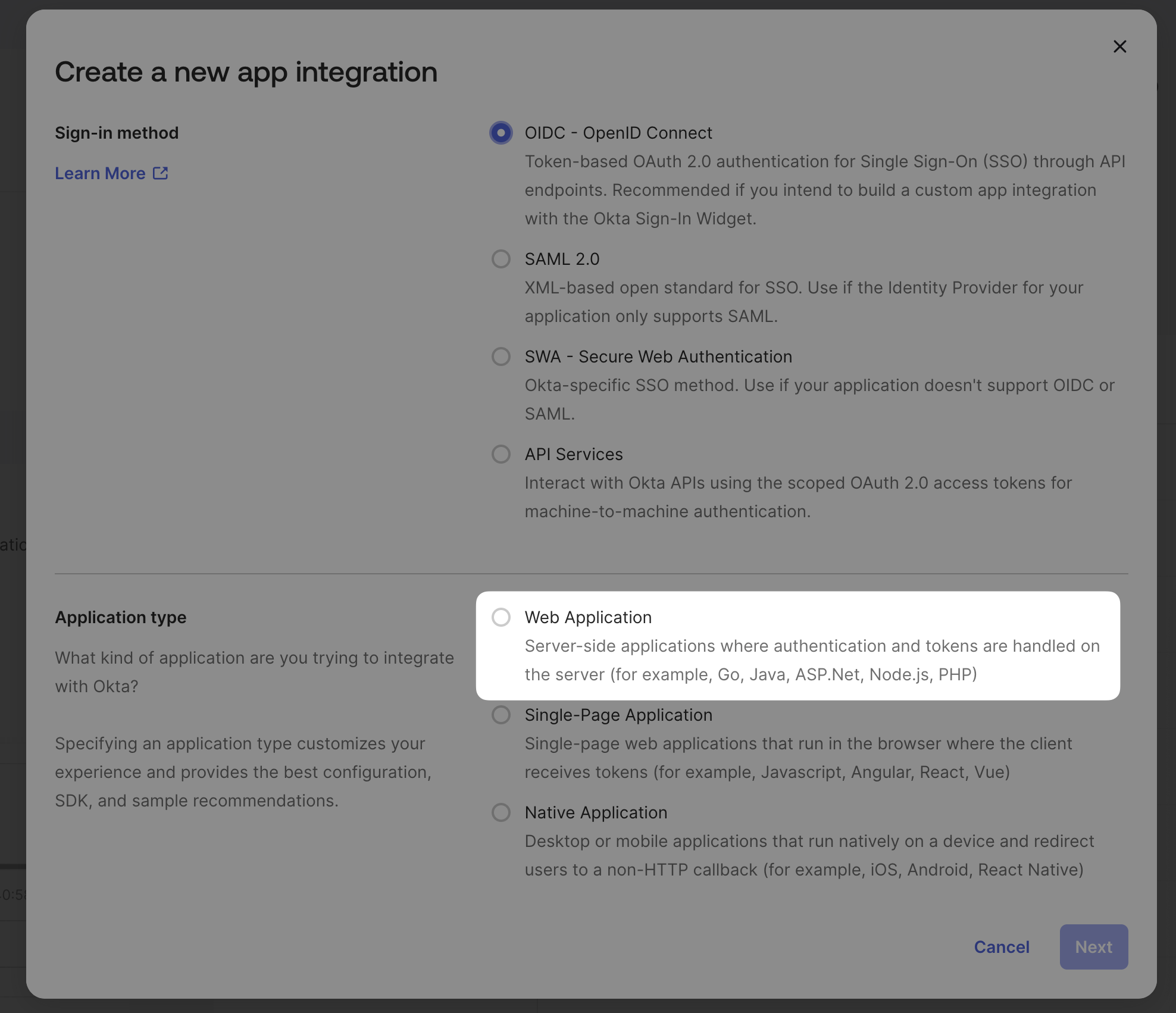 A screenshot indicating the visual position of the 'Web Application' choice for 'Application type'.