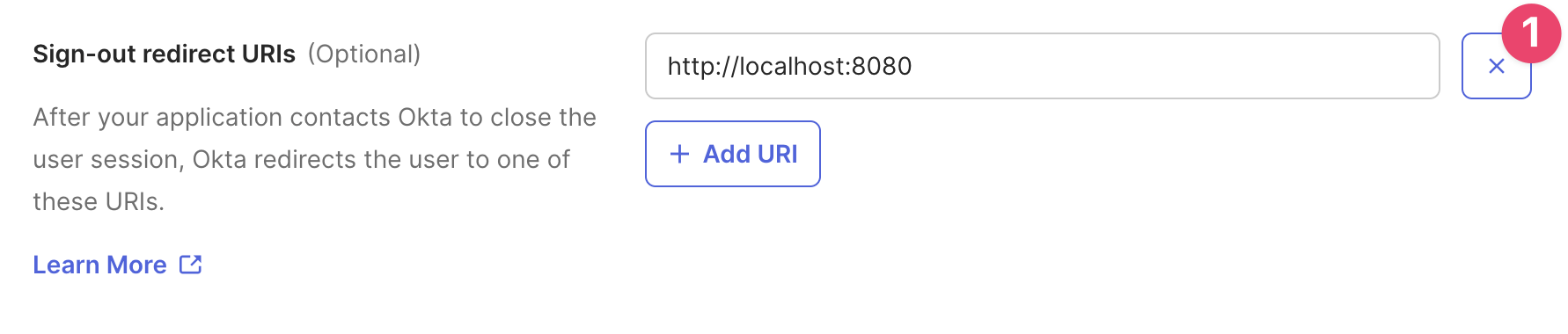 A screenshot indicating the button to press to delete the default sign-out redirect URI.