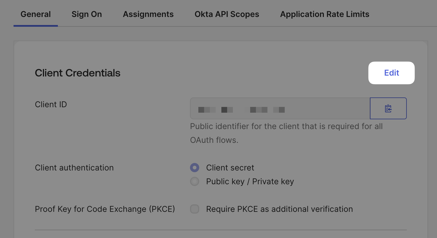 A screenshot indicating the visual position of the Edit link for Client Credentials.