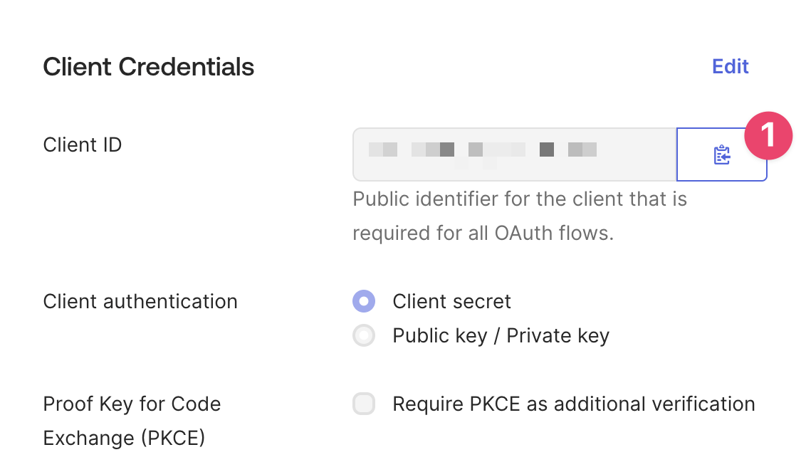A screenshot indicating the visual position of the button to copy the Client ID.