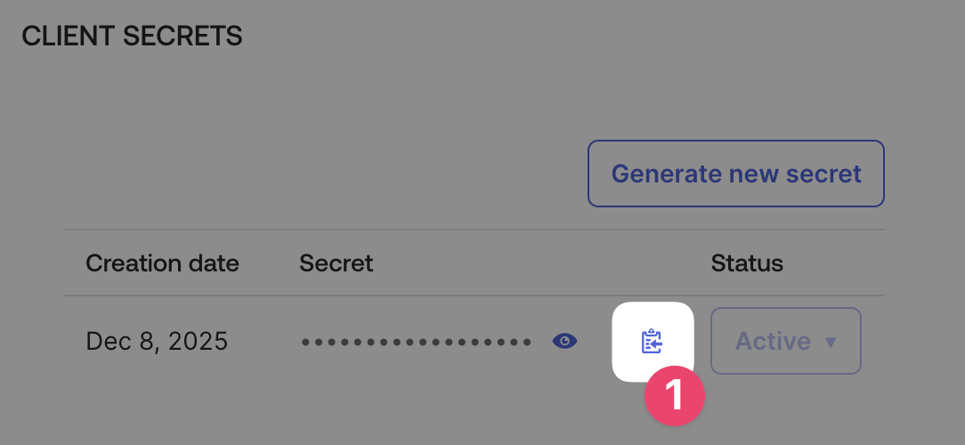 A screenshot indicating the visual position of the button to copy the Client Secret.