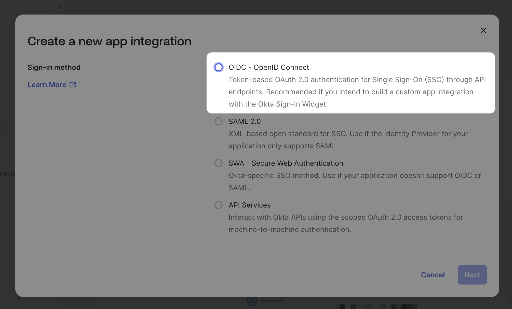 A screenshot indicating the visual position of the 'OIDC - OpenID Connect' choice for 'Sign-in method'.