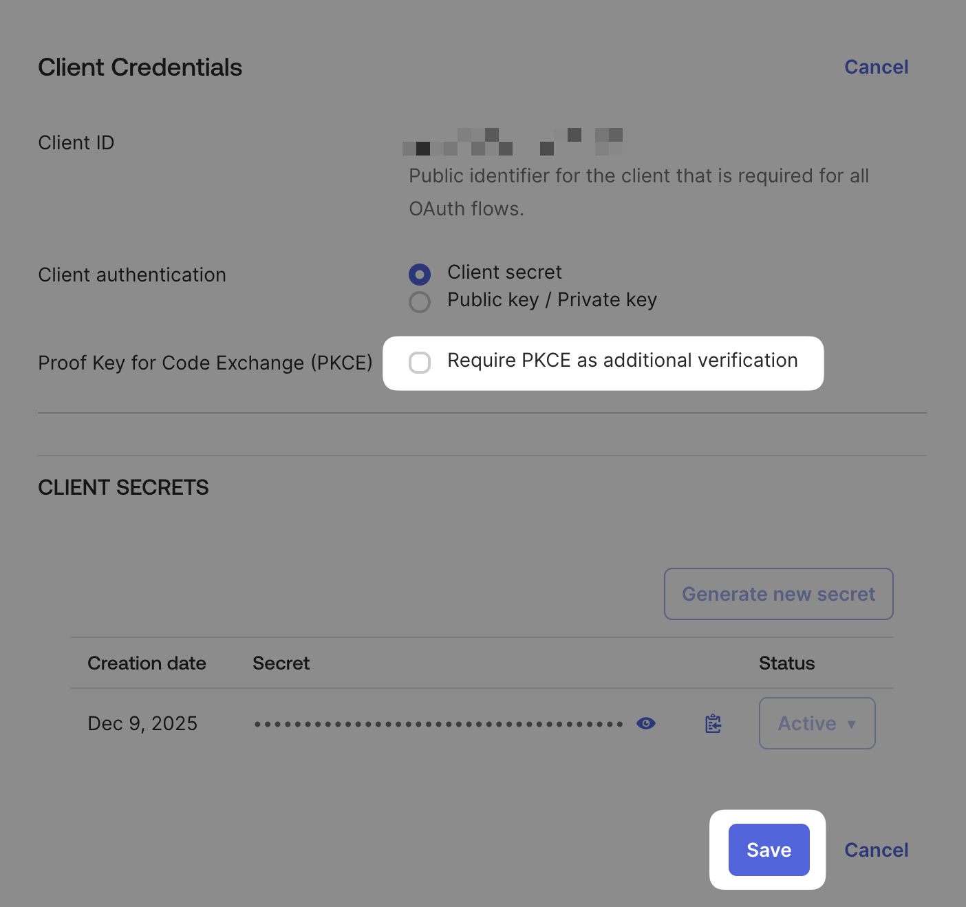 A screenshot indicating the visual position of the 'Require PKCE' check box.